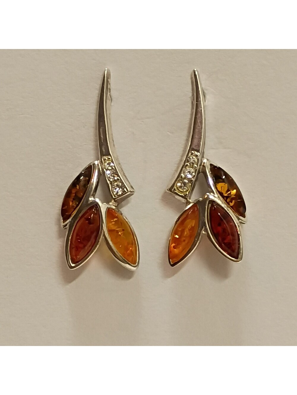Vintage Sterling Silver 925 Amber & White Topaz Earrings Teardrop Flower